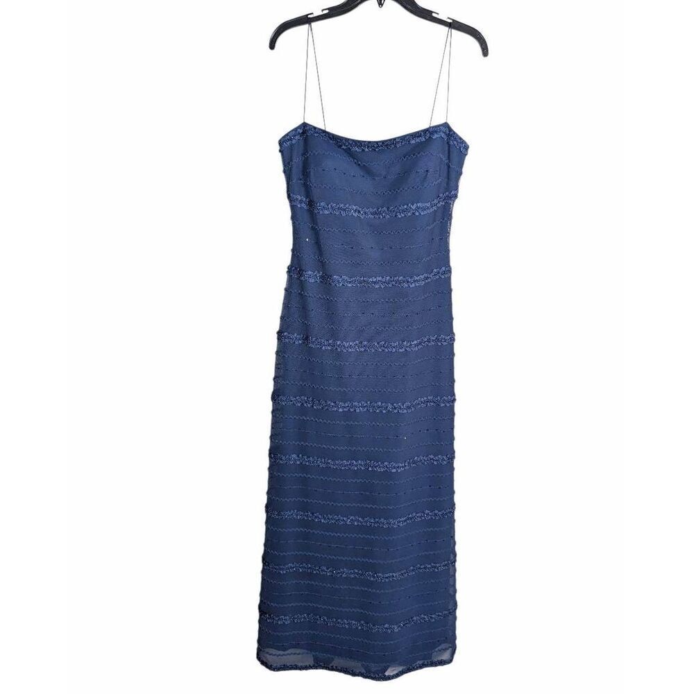 Y2K JS Collections Navy blue sequin & ruffle mesh spaghetti strap maxi dress 10 - Picture 4 of 9